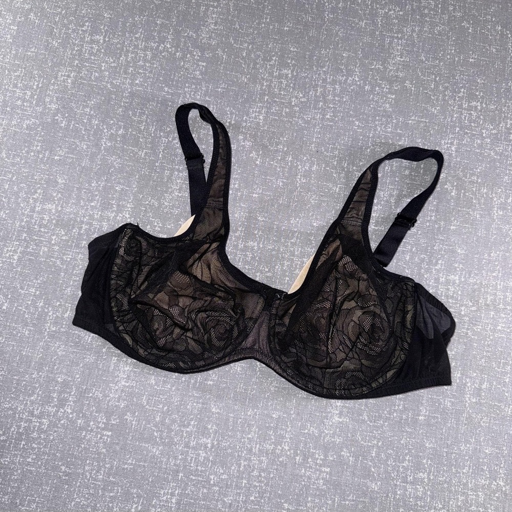 Wacoal Bra Womens 44C Black Lace Balconette Underwire Unlined Sheer 855225